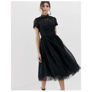 CHI CHI LONDON Black Lace Floral Tulle Netted MIDI Cocktail Formal Dress Gown 8
